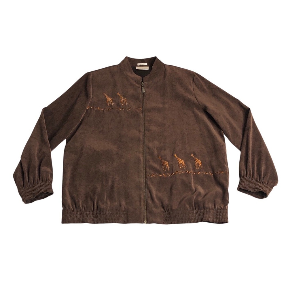 Drapers & Damons Jacket Women M Brown Giraffe Embroidered Zip Faux Suede Stretch